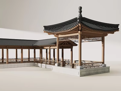 Traditional Korean Pavilion and Corridor With Wooden Structure Black Tiled Roof Design 3d model