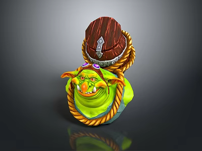 Green Game Character With Smiling Face Purple Goggles Wooden Bucket On Head And Rope 3d model