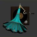 Vintage Phonograph with Turquoise Horn Gold Accents and Wooden Base in Retro Style