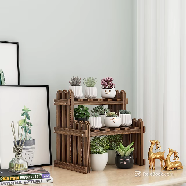 Wooden Multi Tiered Plant Stand With Succulents And Potted Plants For Indoor Garden Decor Accent 3d model 