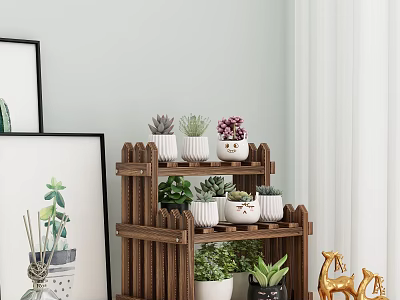 Wooden Multi Tiered Plant Stand With Succulents And Potted Plants For Indoor Garden Decor Accent 3d model