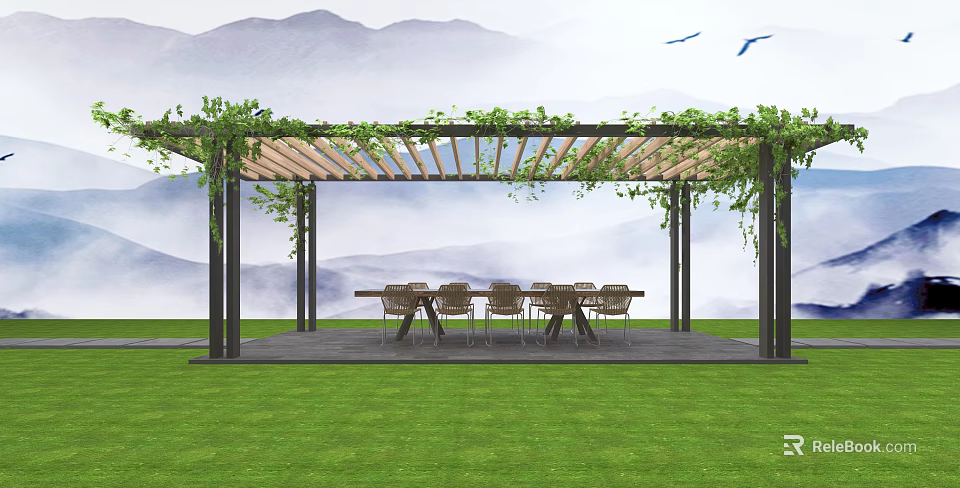 Wooden Pergola with Climbing Vines Over Outdoor Dining Table and Chairs on Green Lawn 3d model 