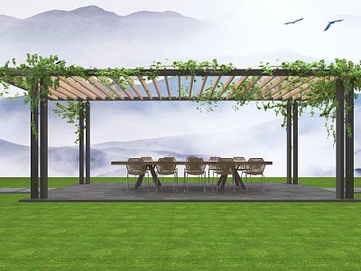 Wooden Pergola with Climbing Vines Over Outdoor Dining Table and Chairs on Green Lawn 3d model