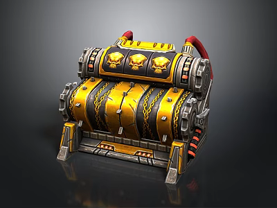 Golden Slot Machine With Skull Decorations And Mechanical Red Accents 3d model