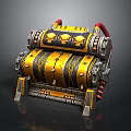 Golden Slot Machine With Skull Decorations And Mechanical Red Accents