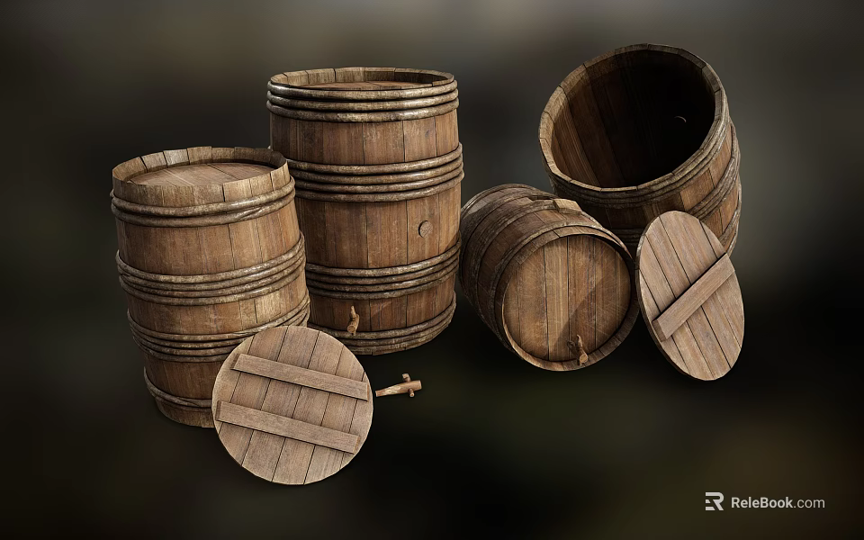 Vintage Wooden Barrels With Upright And Overturned Positions And Wooden Lids 3d model 