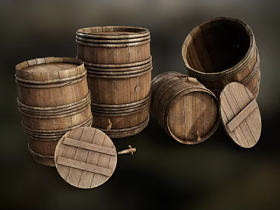 Vintage Wooden Barrels With Upright And Overturned Positions And Wooden Lids 3d model