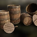 Vintage Wooden Barrels With Upright And Overturned Positions And Wooden Lids