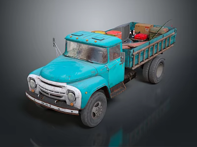 Vintage Blue Truck Exterior With Loaded Cargo In Open Bed Design 3d model