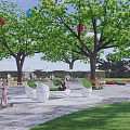 Park Landscape With Open Space Green Trees Benches Sunshades Colorful Seats And People Relaxing