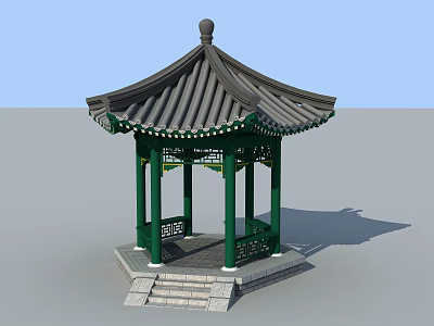 Traditional Chinese Pavilion With Green Pillars Black Tiled Roof And Stone Steps 3d model