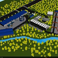 Industrial Factory Layout With Blue Roof Buildings Green Trees Roads And Orange Cranes