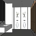 Modern Public Restroom Interior Design With Sink Counter Mirrors Urinals Plants And Wooden Stalls