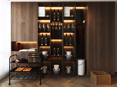 Modern Wooden Wine Cabinet With LED Lighting Wine Glasses Bottles And Sculpture 3d model