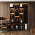 Modern Wooden Wine Cabinet With LED Lighting Wine Glasses Bottles And Sculpture