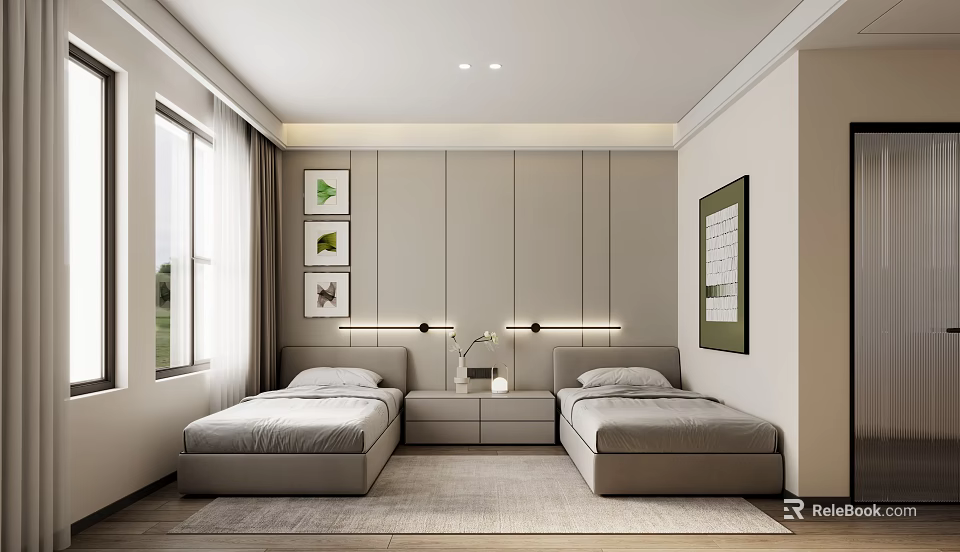 Modern Bedroom Interior With Twin Beds Nightstand Table Lamps And Wall Art 3d model 