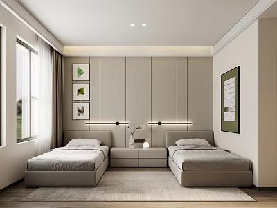 Modern Bedroom Interior With Twin Beds Nightstand Table Lamps And Wall Art 3d model