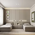 Modern Bedroom Interior With Twin Beds Nightstand Table Lamps And Wall Art