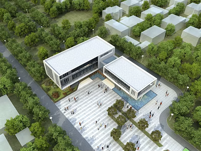 Modern Community Building With Glass Walls Surrounded By Lush Trees And Open Square With People 3d model