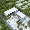 Modern Community Building With Glass Walls Surrounded By Lush Trees And Open Square With People