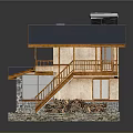 Cartoon Style Wooden House Model With Blue Roof Balcony Staircase Stone Base And Statues