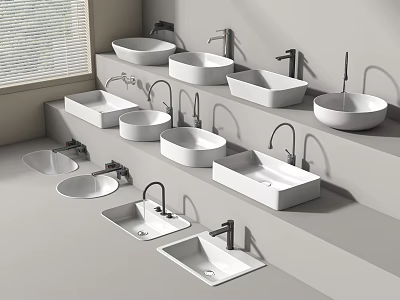 Various Modern Washbasin Designs With Faucets On Gray Shelves 3d model