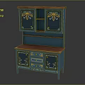Blue Storage Cabinet With Decorative Patterns And Yellow Floral Designs Two Tier Structure Wooden Top