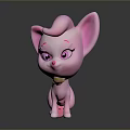 Cute Pink Cartoon Animal with Big Ears Shiny Pink Eyes Curly Hair and Yellow Collar