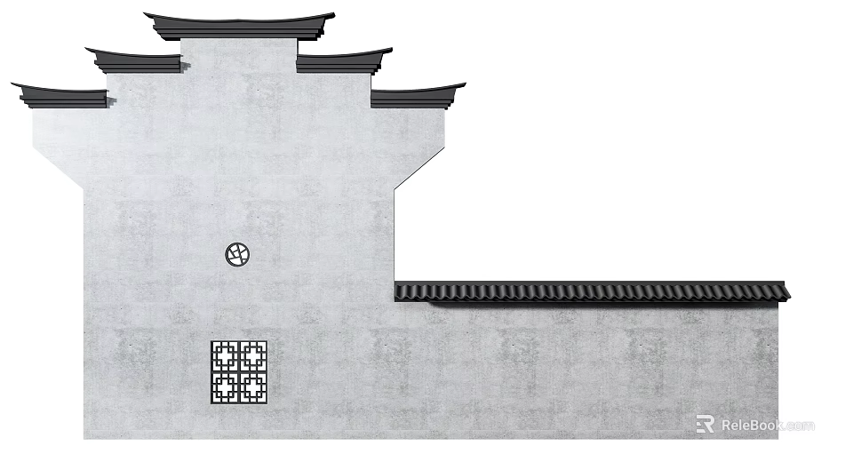 Traditional Chinese Building Exterior Wall With Gray Tile Roof Eaves Lattice Window And Circular Ornament 3d model 