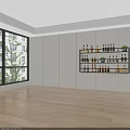 Modern wall mounted wine rack with shelves holding various wine bottles and hanging wine glasses