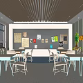 Modern School Classroom Interior With Green Walls Wooden Ceiling And Desks