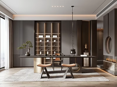 Modern Tea Room Interior Design With Long Table Open Shelves Chairs And Green Plant 3d model
