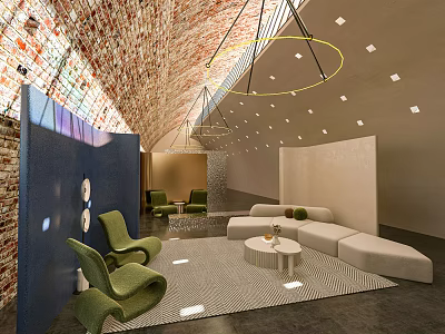 Modern Hotel Lobby Interior With Green Chairs White Sofa Brick Wall And Ceiling Lights 3d model