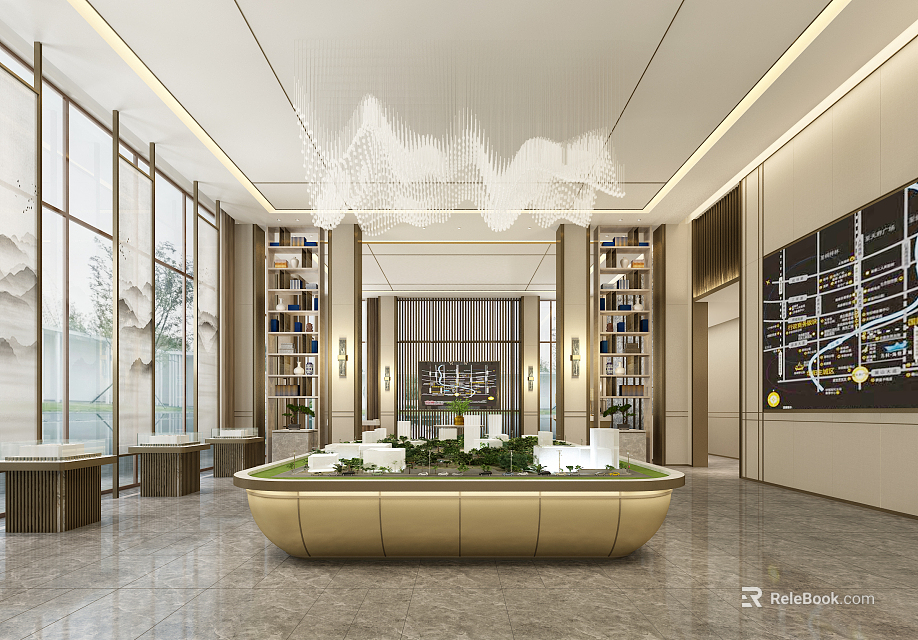 Modern Sales Office Interior With Central Model Display Chandelier And Bookshelves 3d model 