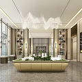 Modern Sales Office Interior With Central Model Display Chandelier And Bookshelves
