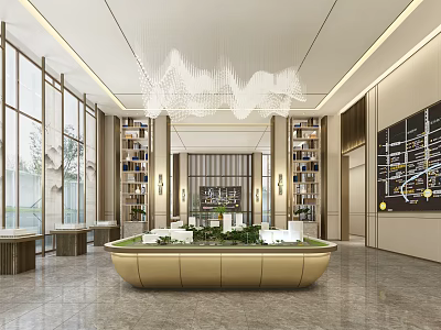 Modern Sales Office Interior With Central Model Display Chandelier And Bookshelves 3d model