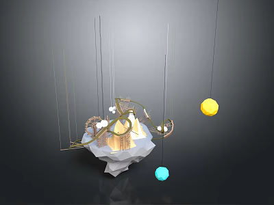 Abstract Scene With Metal Rods Central Structure And Hanging Spheres 3d model