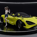 Yellow Modern Convertible Sports Car Showcased On Circular Platform With Sleek Design