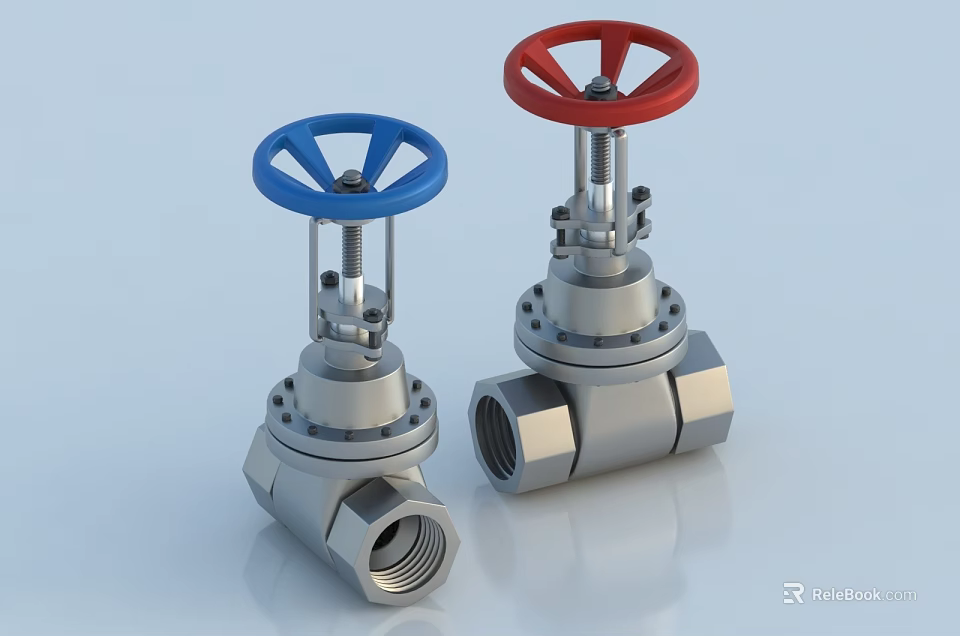 Industrial Valves With Blue And Red Handles And Silver Stainless Steel Body 3d model 
