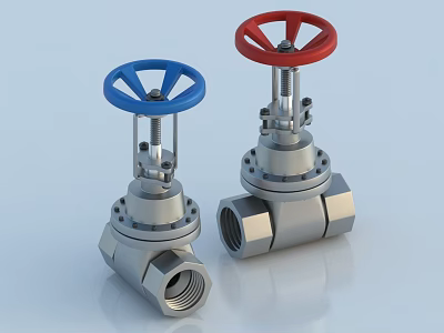 Industrial Valves With Blue And Red Handles And Silver Stainless Steel Body 3d model