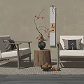 Japanese Style Accent Chairs With Wooden Armrests Wooden Stump Table And Scroll Painting
