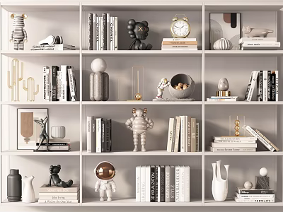Stylish Decorative Ornament Combination on White Bookshelves with Books Sculptures Clock Vases and Animal Figures 3d model