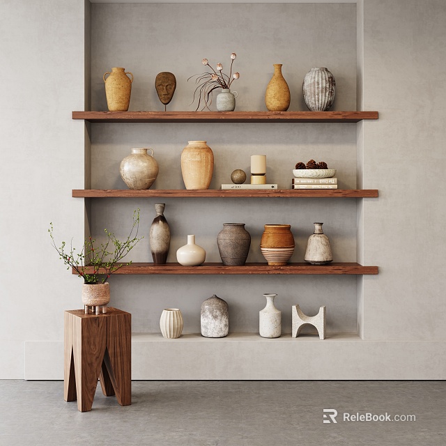 Ceramic Vessels in Various Shapes and Colors on Wooden Shelves for Interior Decor 3d model 
