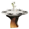 Round Stylish Dining Tables With Tableware Green Plants And Various Base Designs 3d model