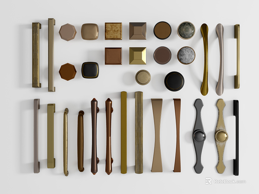 Assorted Cabinet Handles With Different Designs And Colors For Furniture Decor 3d model 