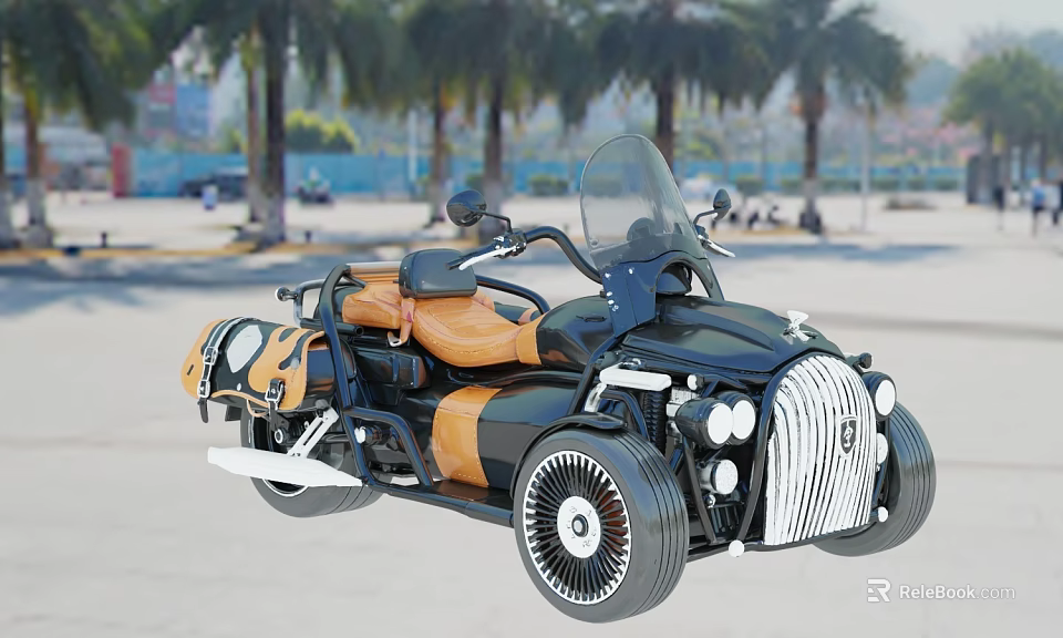 Three Wheeled Black And Brown Motorcycle With Leather Seat Windshield Palm Trees In Outdoor Setting 3d model 