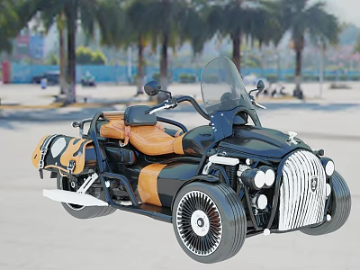 Three Wheeled Black And Brown Motorcycle With Leather Seat Windshield Palm Trees In Outdoor Setting 3d model