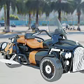 Three Wheeled Black And Brown Motorcycle With Leather Seat Windshield Palm Trees In Outdoor Setting