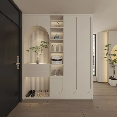 Entryway Hallway with White Cabinets Arched Design Open Shelves and Shoe Storage 3d model