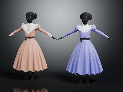 Elegant Pink Purple Vintage Dresses with White Lace Collar Belted Waist and A line Skirt 3d model